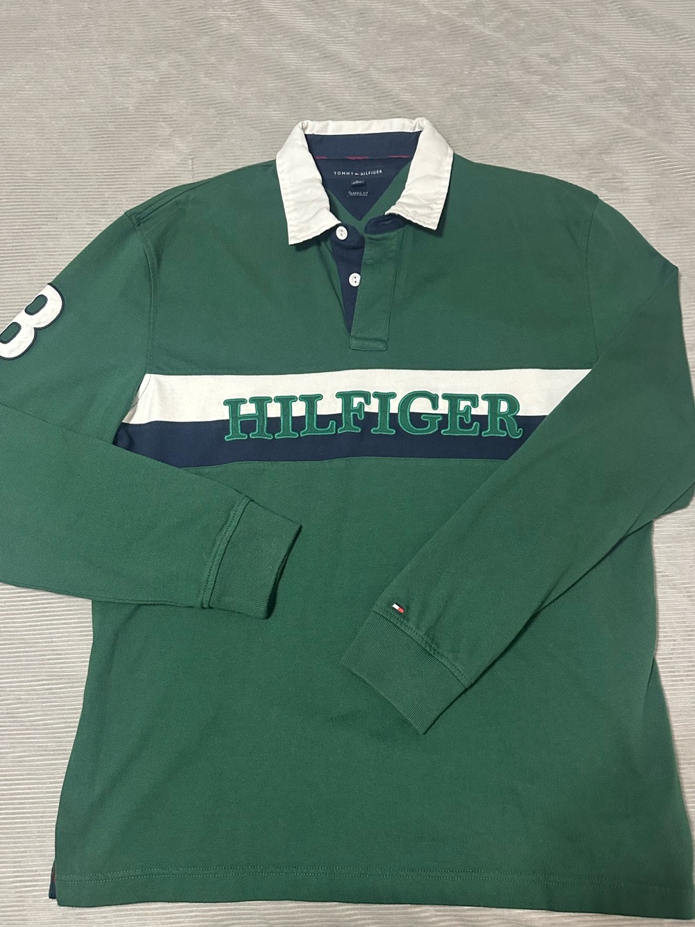 Vintage 90s Tommy Hilfiger Spellout Green Color-Block Long-Sleeve Rugby Shirt #8